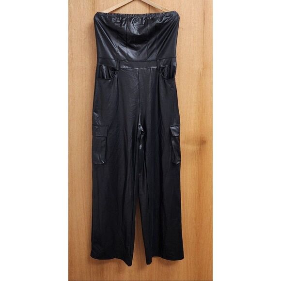 SEXY Black Faux Leather Look Casual Jumpsuit Jumper Romper Size XL - Picture 3 of 7